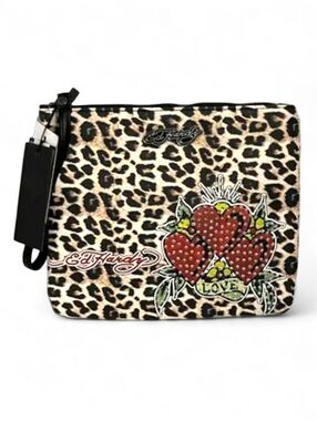 Ed Hardy Leopard‎ Hearts LOVE Wristlet Pouch Clutch Bag NWT